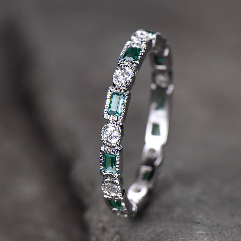 Emerald Wedding Band Art Deo Ring Eternity Baguette Emerald Wedding Band Anniversary Ring Sterling Silver Matching Band Milgrain