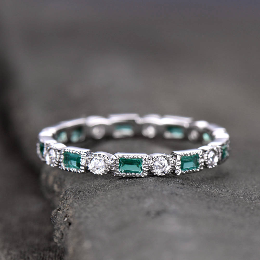 Emerald Wedding Band Art Deo Ring Eternity Baguette Emerald Wedding Band Anniversary Ring Sterling Silver Matching Band Milgrain