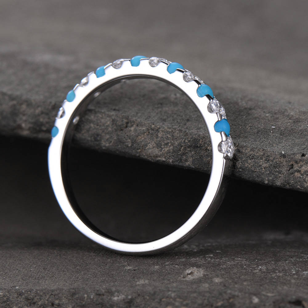 Turquoise Ring Half Eternity Wedding Band CZ Diamond Eternity Band Sterling Silver Anniversary Ring White Gold Plated Matching Band