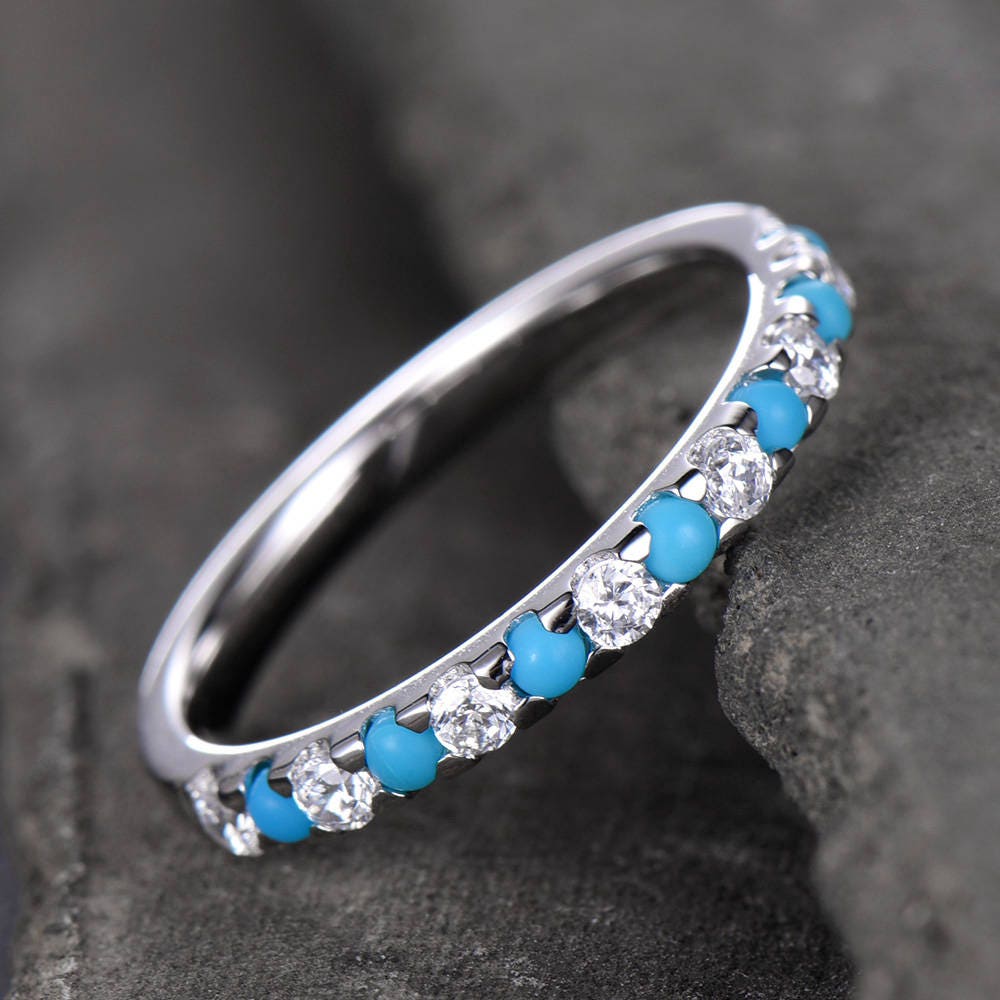 Turquoise Ring Half Eternity Wedding Band CZ Diamond Eternity Band Sterling Silver Anniversary Ring White Gold Plated Matching Band