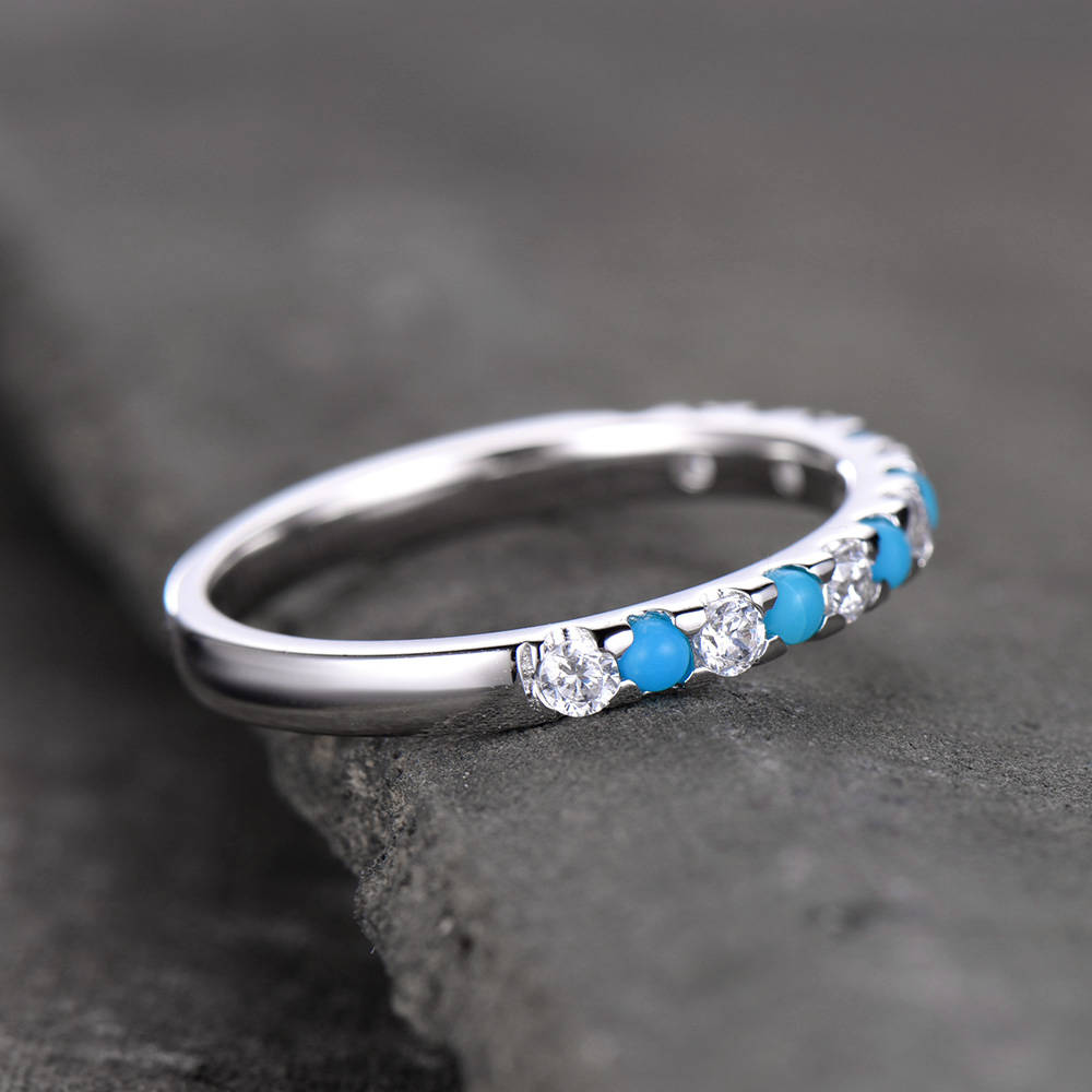 Turquoise Ring Half Eternity Wedding Band CZ Diamond Eternity Band Sterling Silver Anniversary Ring White Gold Plated Matching Band