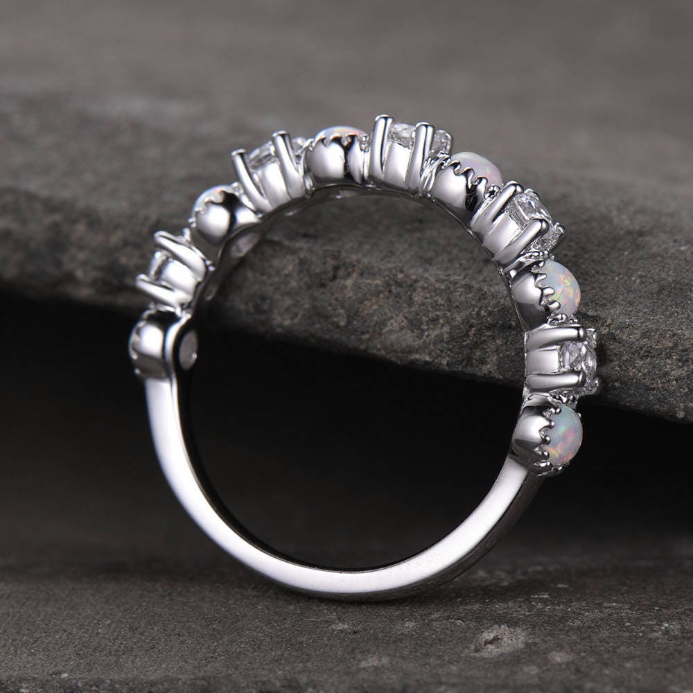 Opal Wedding Band Opal Ring White Gold Plated Sterling Silver CZ Diamond Enternity Band Anniversary Ring Matching Band