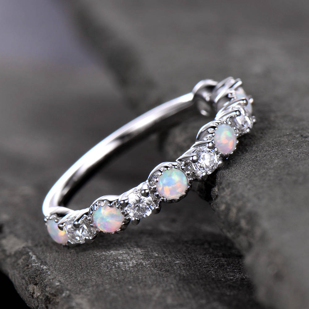 Opal Wedding Band Opal Ring White Gold Plated Sterling Silver CZ Diamond Enternity Band Anniversary Ring Matching Band