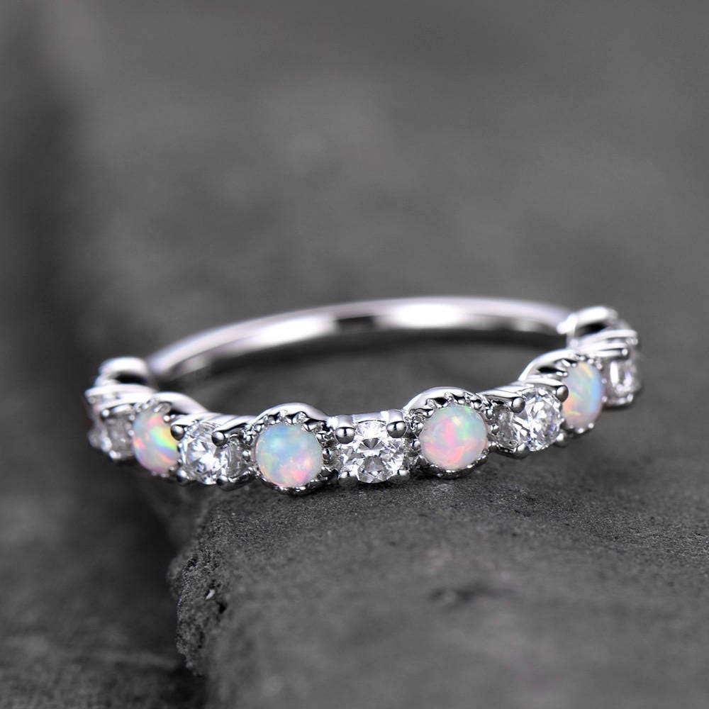Opal Wedding Band Opal Ring White Gold Plated Sterling Silver CZ Diamond Enternity Band Anniversary Ring Matching Band