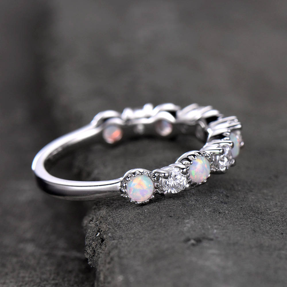 Opal Wedding Band Opal Ring White Gold Plated Sterling Silver CZ Diamond Enternity Band Anniversary Ring Matching Band