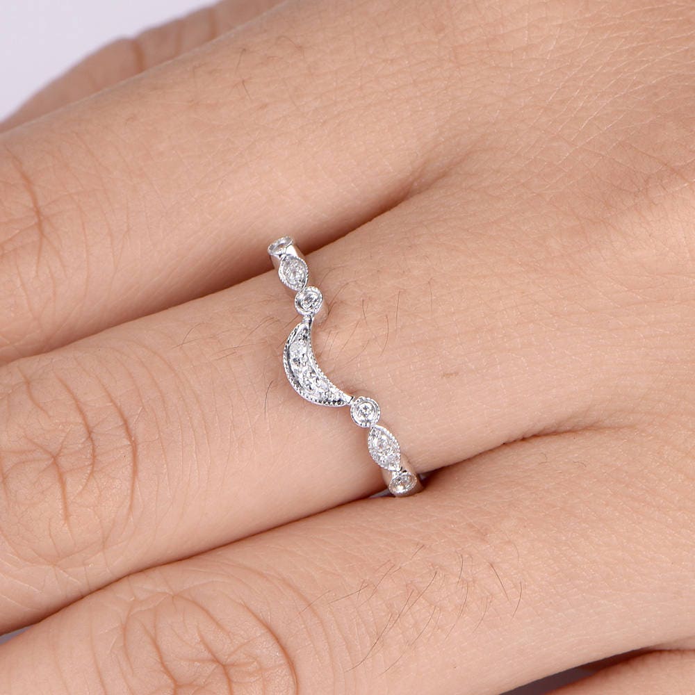 Curved diamond wedding band half eternity ring diamond matching band solid 14k white gold art deco petite ring milgrain ring customized