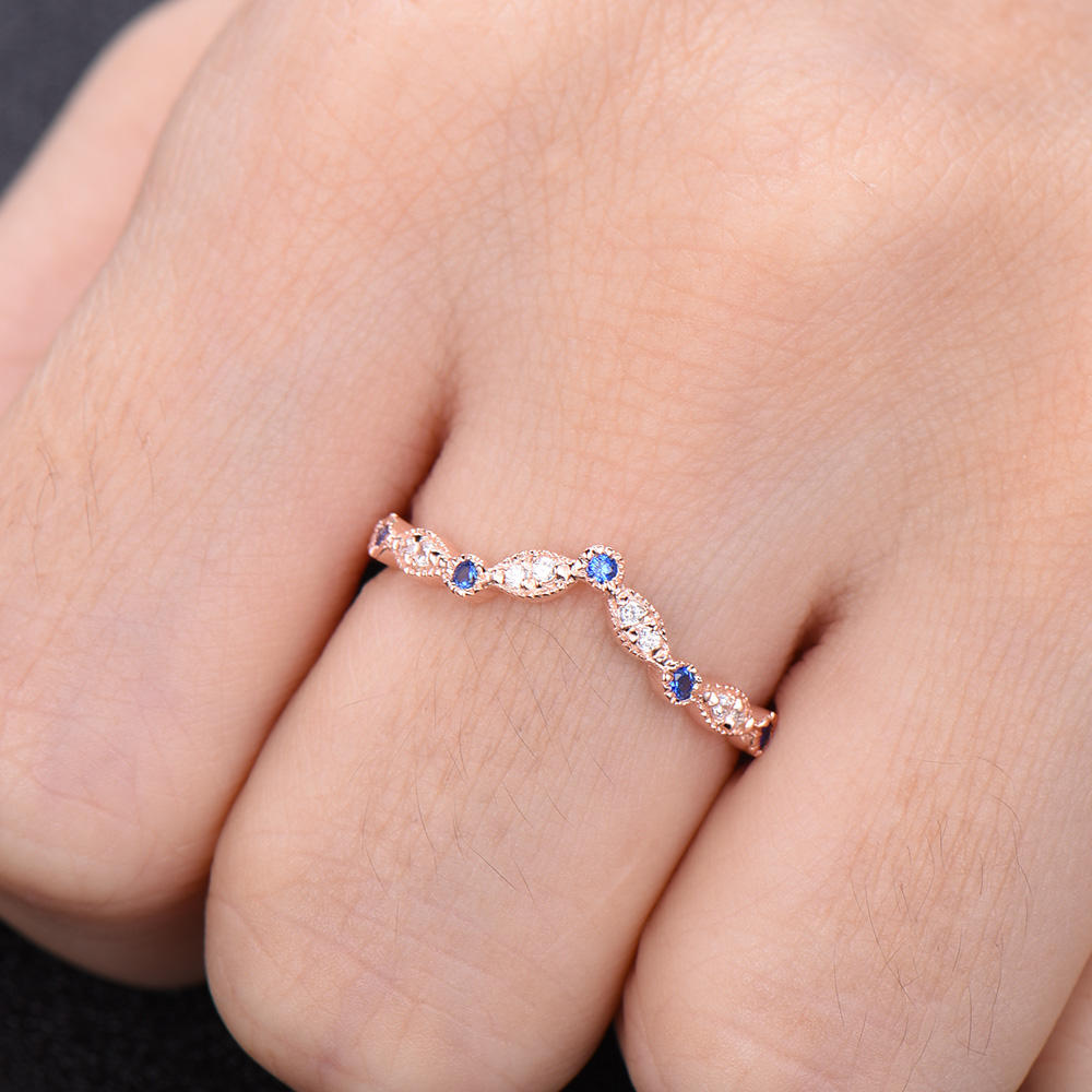 Curve Wedding Ring Art Deco Wedding Band Blue Sappire Band CZ V Ring Stacking Matching Band Silver Rose Gold Plated Milgrain Marquise Ring