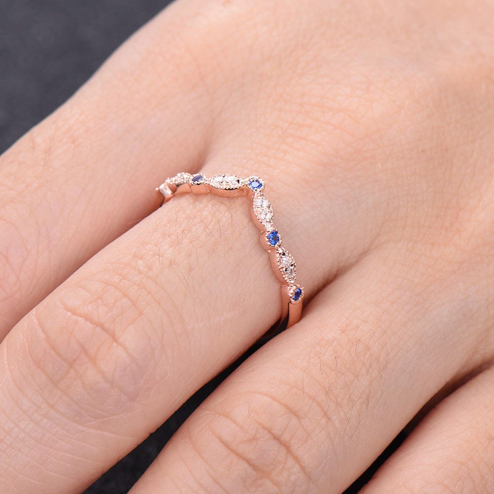 Curve Wedding Ring Art Deco Wedding Band Blue Sappire Band CZ V Ring Stacking Matching Band Silver Rose Gold Plated Milgrain Marquise Ring
