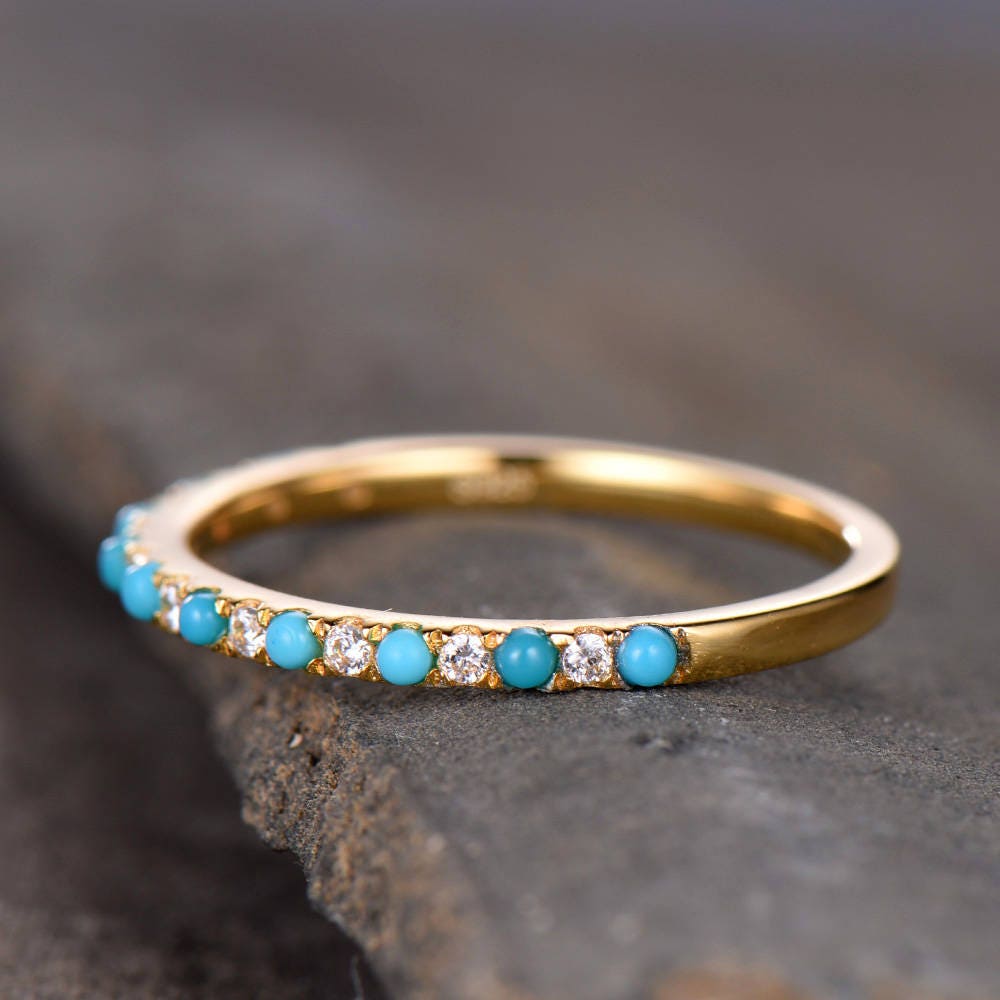 Turquoise Wedding Band Turquoise with CZ Diamonds Ring Thin Eternity Band Yellow Gold Plated Sterling Silver Anniversary Ring