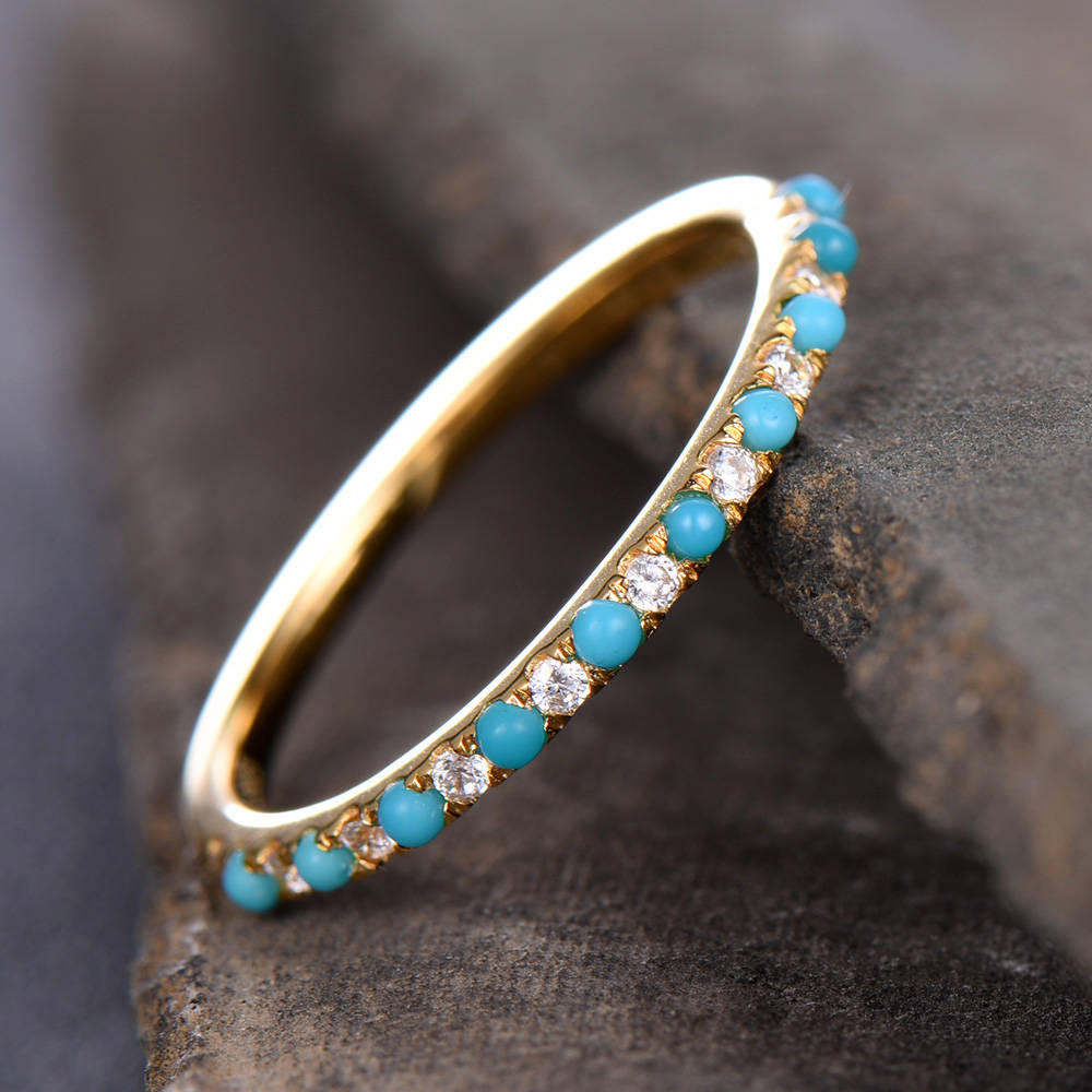 Turquoise Wedding Band Turquoise with CZ Diamonds Ring Thin Eternity Band Yellow Gold Plated Sterling Silver Anniversary Ring
