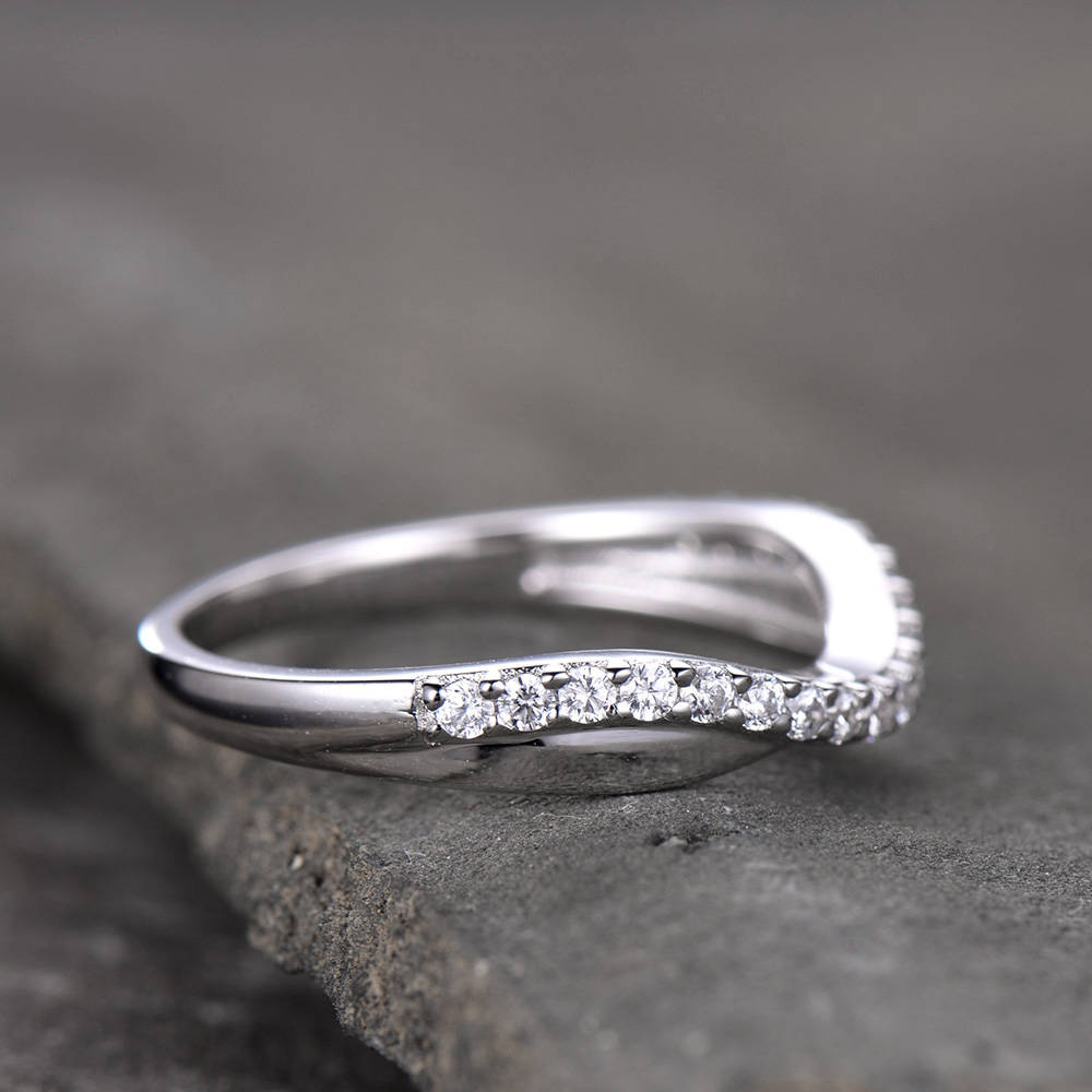 Curve Wedding Band Plain White Gold Band Unique Wedding Ring Chevron Ring CZ Man Made Diamond Eternity Band 925 Sterling Silver Ring
