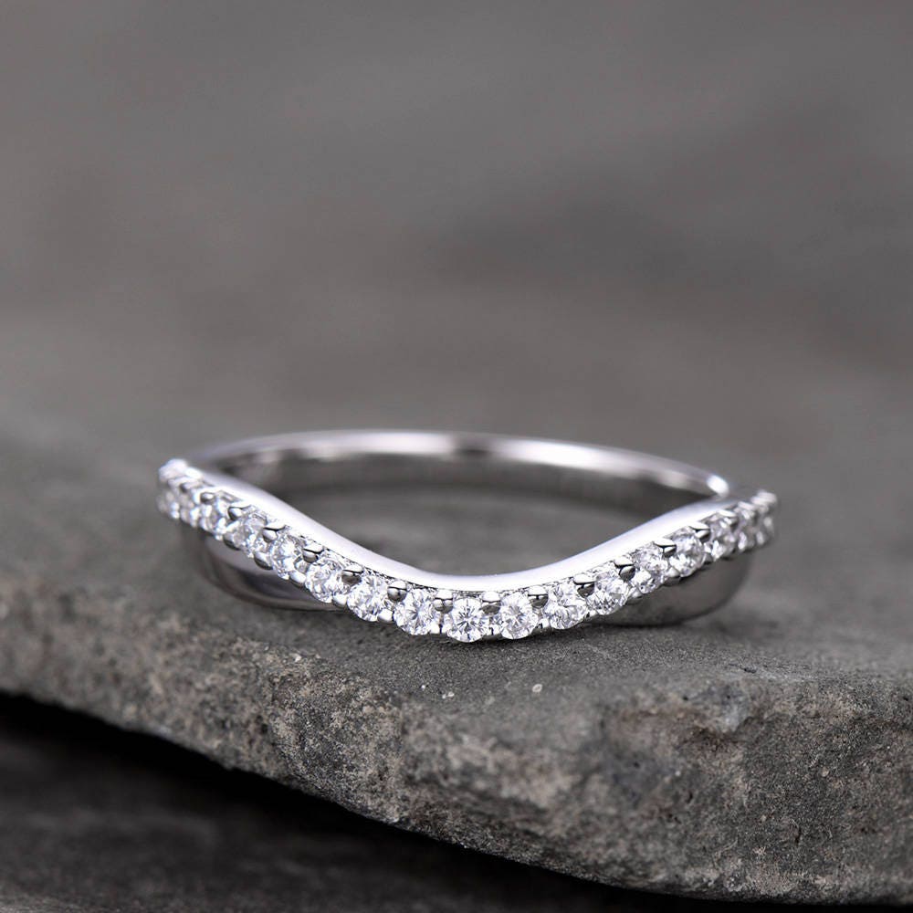 Curve Wedding Band Plain White Gold Band Unique Wedding Ring Chevron Ring CZ Man Made Diamond Eternity Band 925 Sterling Silver Ring