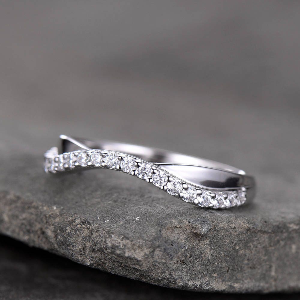 Curve Wedding Band Plain White Gold Band Unique Wedding Ring Chevron Ring CZ Man Made Diamond Eternity Band 925 Sterling Silver Ring