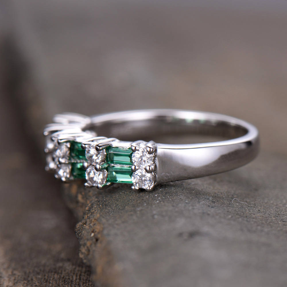Emerald Wedding Band Stacking Ring Emerald Ring Vintage Wedding Ring Set CZ Half Eternity Anniversary Ring Silver White Gold Plated