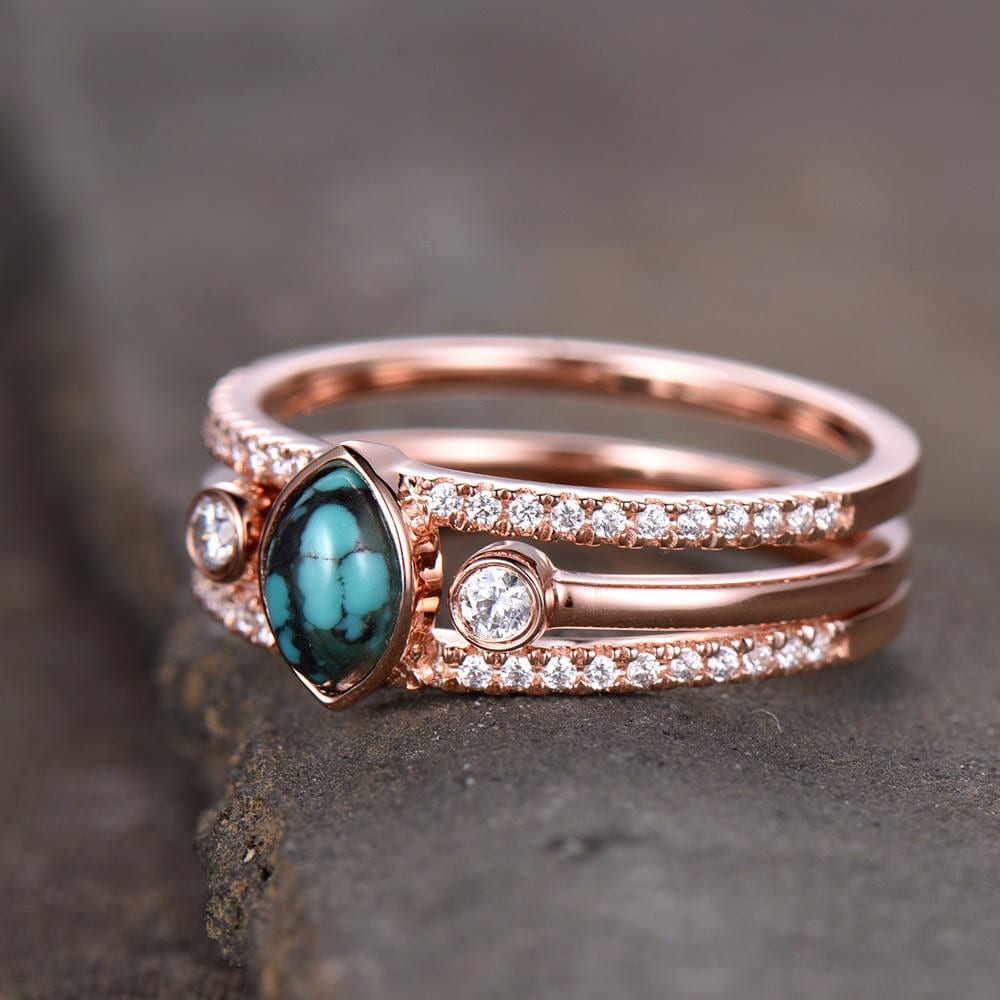 Turquoise Ring Sterling Silver Vintage Turquoise Wedding Ring Set 4x6mm Marquise December Birthstone Unique CZ Diamond Band Rose Gold Plate