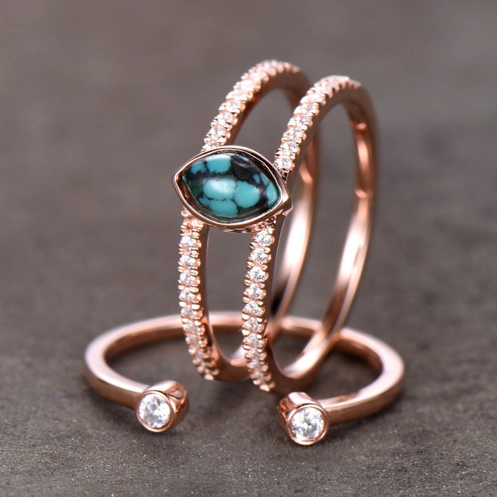 Turquoise Ring Sterling Silver Vintage Turquoise Wedding Ring Set 4x6mm Marquise December Birthstone Unique CZ Diamond Band Rose Gold Plate