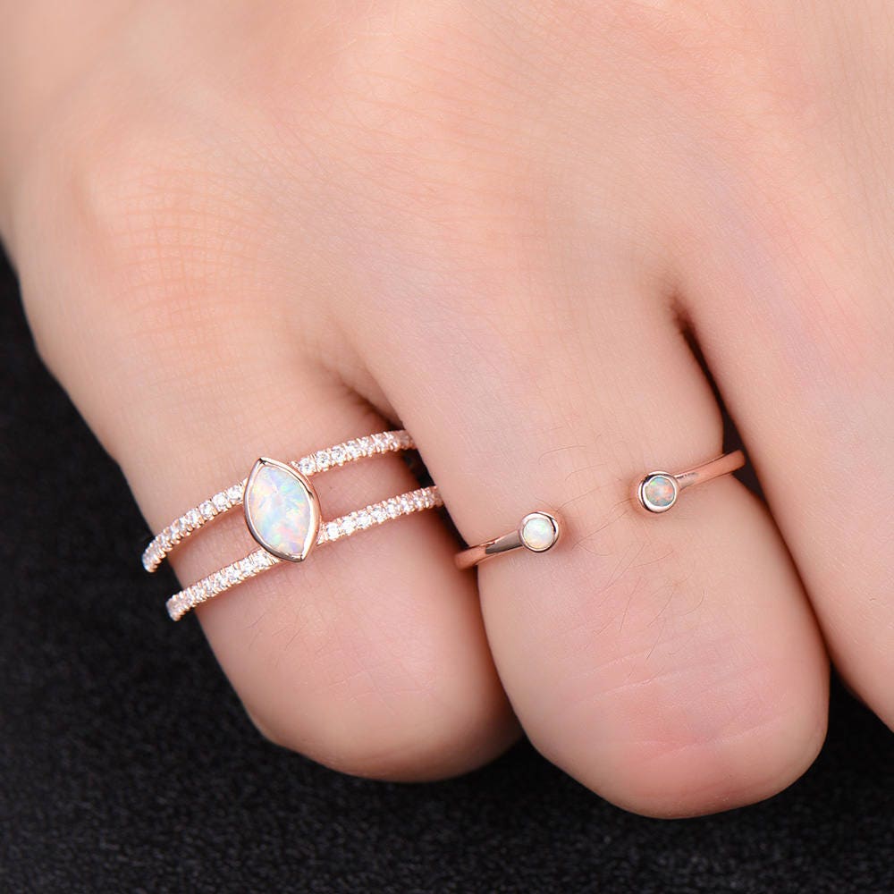Opal Wedding Ring Set Opal Ring Split Shank Engagment Ring Rose Gold Plated Unique Opal Wedding Band Bezel Set Silver Bridal Ring Set