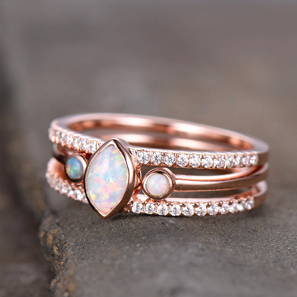 Opal Wedding Ring Set Opal Ring Split Shank Engagment Ring Rose Gold Plated Unique Opal Wedding Band Bezel Set Silver Bridal Ring Set