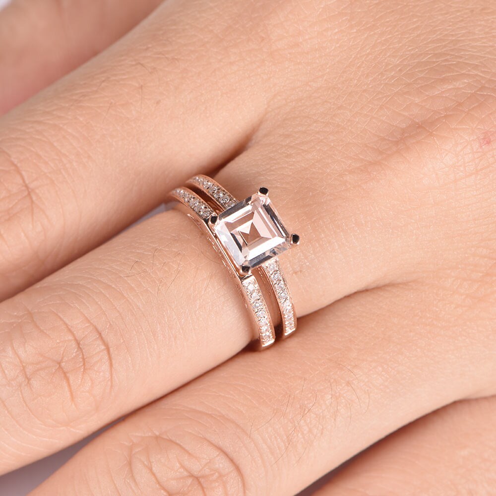 Morganite engagement ring set asscher cut morganite ring natural gemstone half eternity diamond matching band stacking ring 14k rose gold