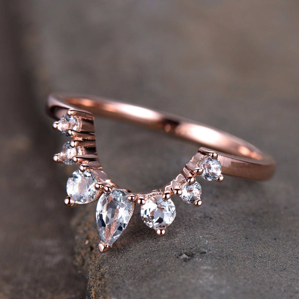 Crown Wedding Band Aquamarine Wedding Band Curve Wedding Ring Stacking Ring Chevron Ring Rose Gold Plated Sterling Silver Anniversary Ring