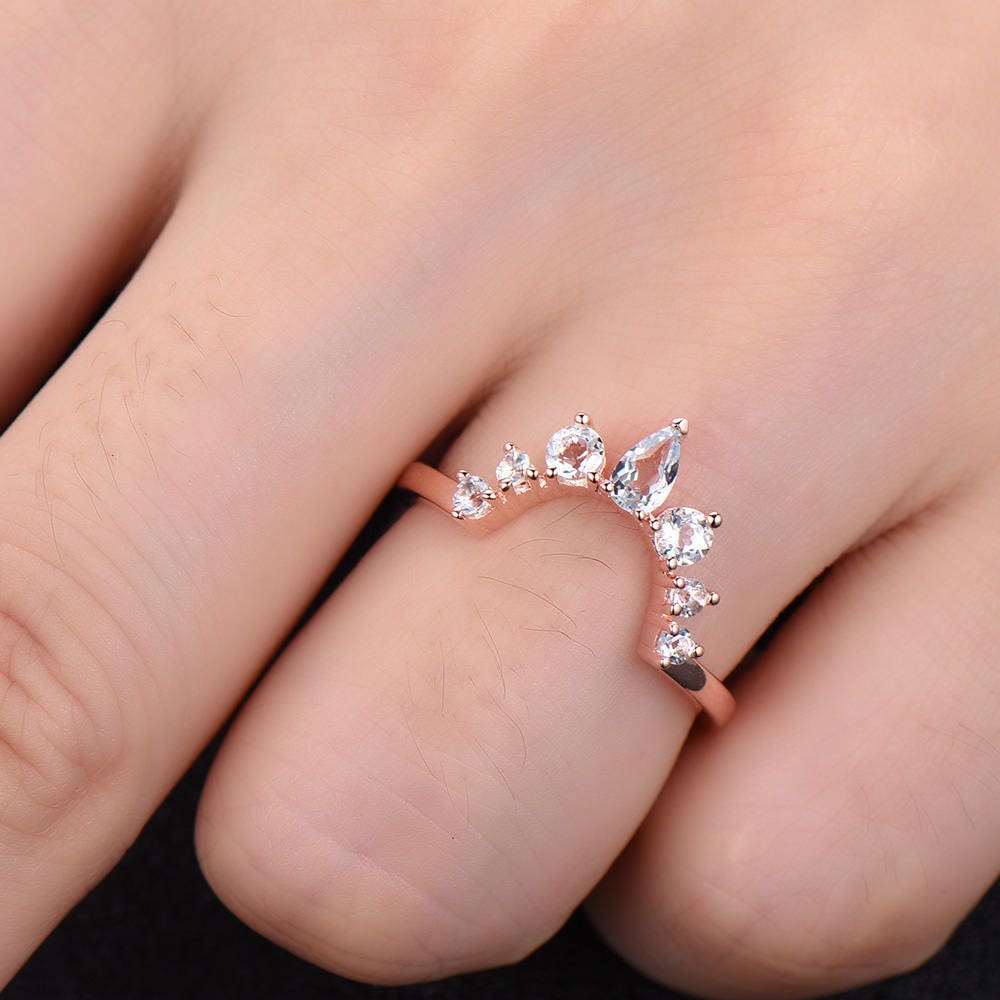 Crown Wedding Band Aquamarine Wedding Band Curve Wedding Ring Stacking Ring Chevron Ring Rose Gold Plated Sterling Silver Anniversary Ring