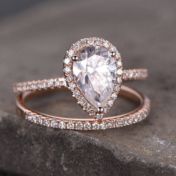 Pear Cut Engagement Ring 6x8mm CZ Wedding Ring Set Man Made Diamond Eternity Wedding Band Sterling Silver Bridal Set Rose Gold Plated 2PCS