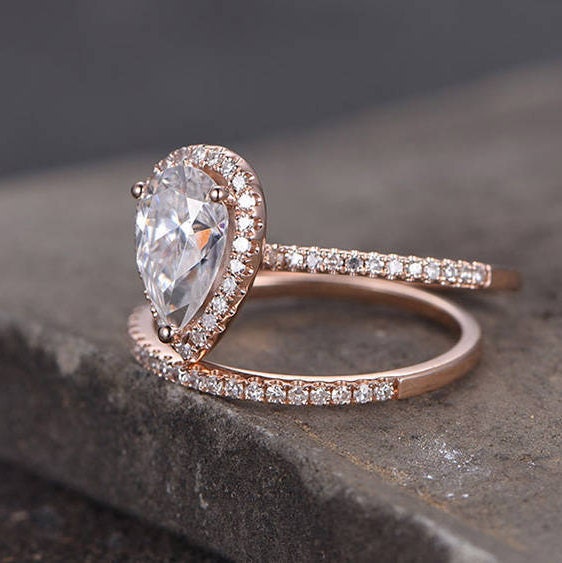 Pear Cut Engagement Ring 6x8mm CZ Wedding Ring Set Man Made Diamond Eternity Wedding Band Sterling Silver Bridal Set Rose Gold Plated 2PCS