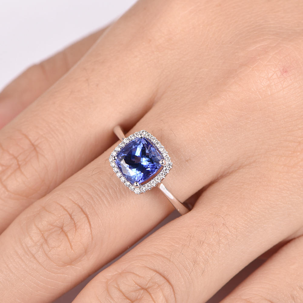 2.3ct Tanzanite Ring 7.5mm cushion cut tanzanite engagement ring diamond halo plain gold band solid 14k white gold ring custom jewelry