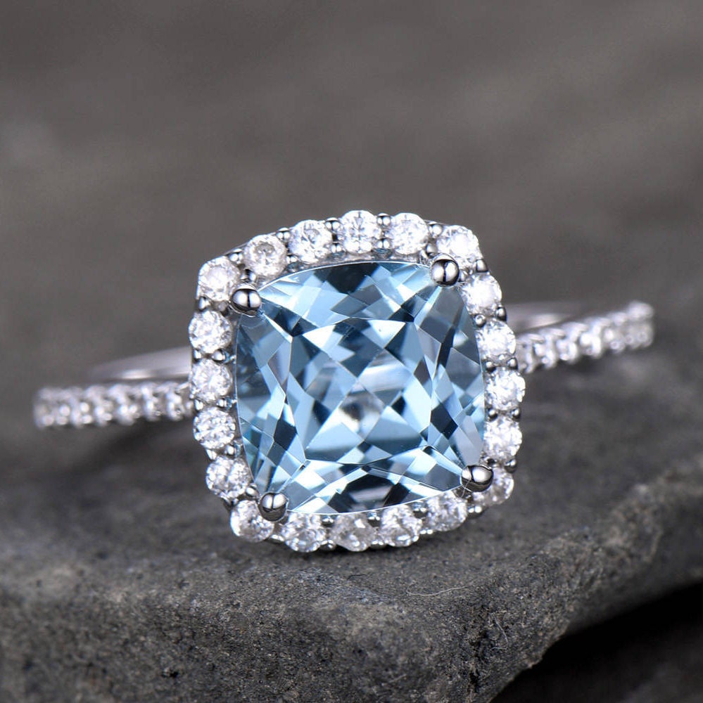 Blue Topaz Engagement Ring 8mm Cushion Cut Blue Gemstone Promise Ring CZ Pave Set 925 Sterling Silver Bridal Ring White Gold Plated