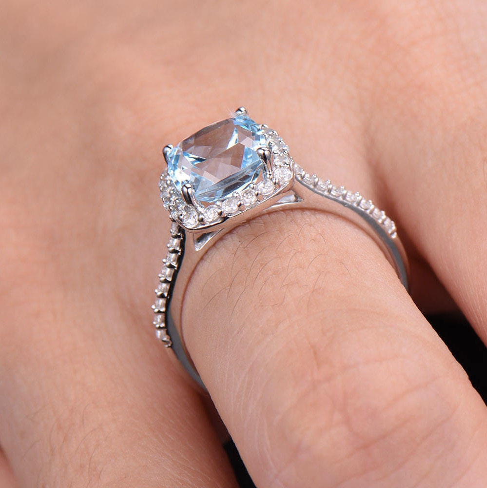 Blue Topaz Engagement Ring 8mm Cushion Cut Blue Gemstone Promise Ring CZ Pave Set 925 Sterling Silver Bridal Ring White Gold Plated