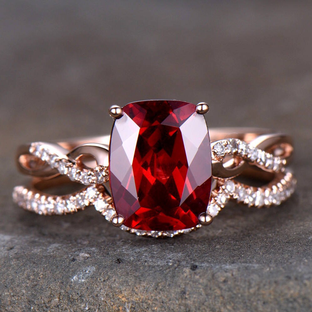 Infinity Garnet Engagement Ring Curve Wedding Band 8x10mm Cushion Cut Red Gemstone Promise Ring Rose Gold Plated Sterling Silver Bridal Set