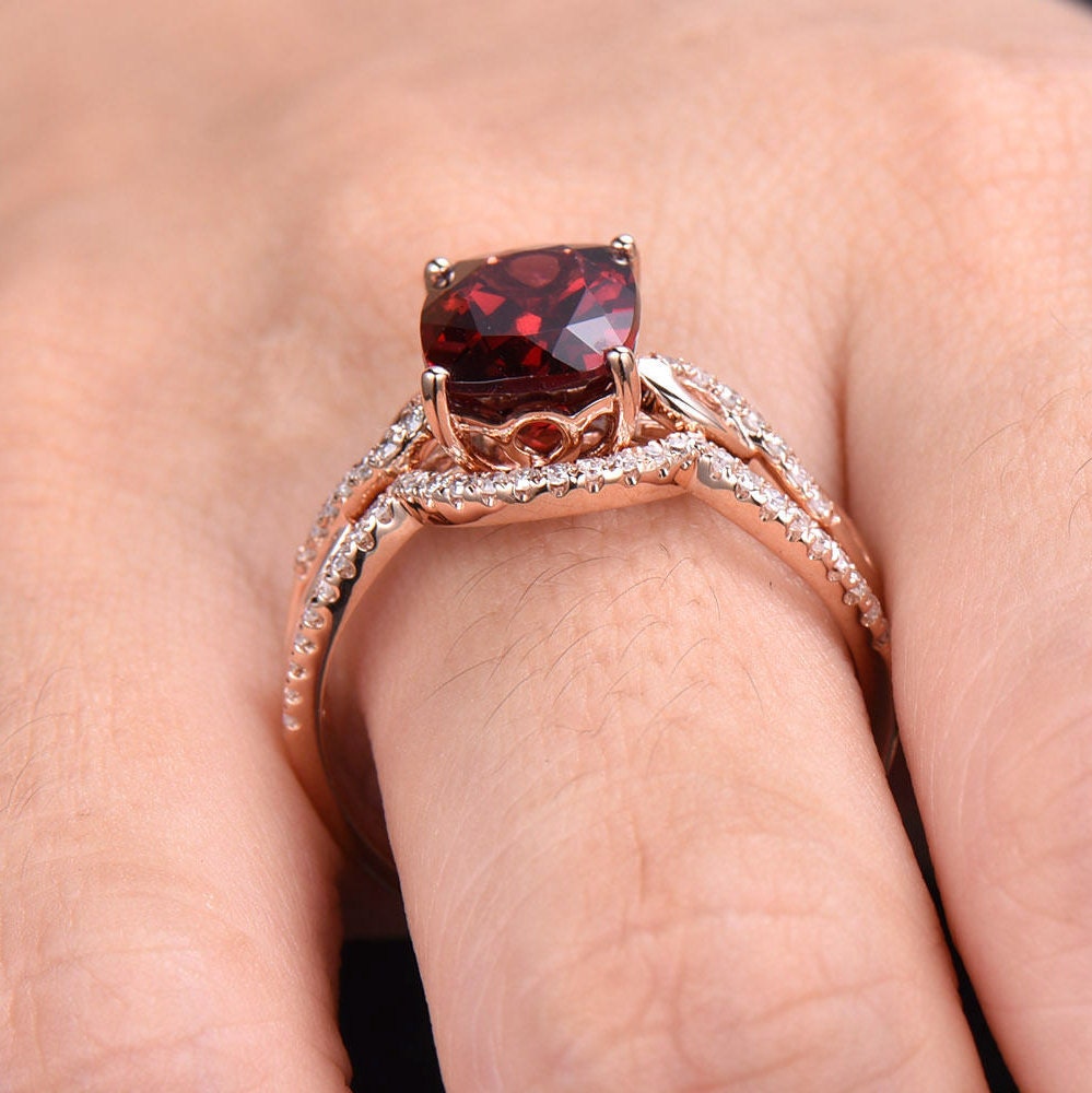 Infinity Garnet Engagement Ring Curve Wedding Band 8x10mm Cushion Cut Red Gemstone Promise Ring Rose Gold Plated Sterling Silver Bridal Set
