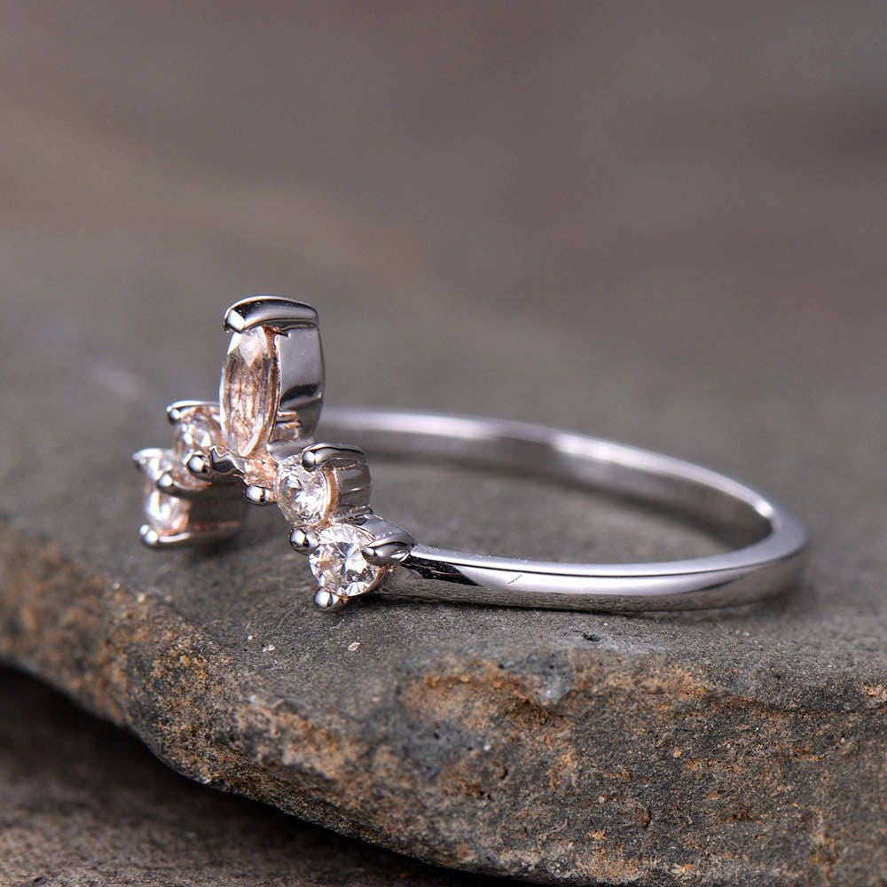 Crown Wedding Band White Topaz Wedding Band Curve Wedding Ring Stacking Ring Chevron Ring White Gold Plated Sterling Silver Anniversary Ring