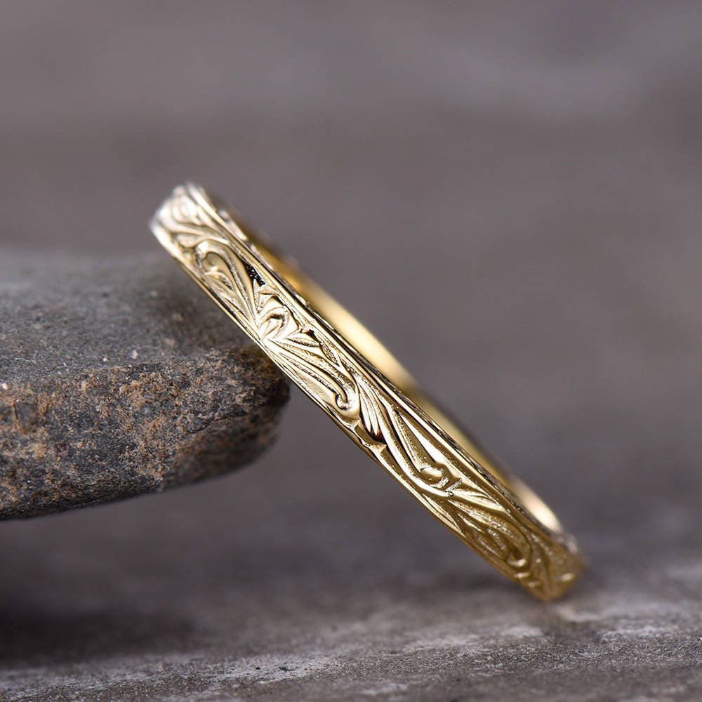 Vintage Filigree Wedding Band Antique Plain Gold Wedding Ring Art deco band Bridal wedding ring Promise Anniversary gift for her