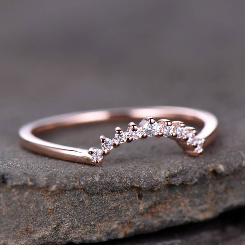 Crown Wedding Band Curve Wedding Band CZ Wedding Ring Stacking Ring Chevron Ring Rose Gold Plated Sterling Silver Anniversary Ring