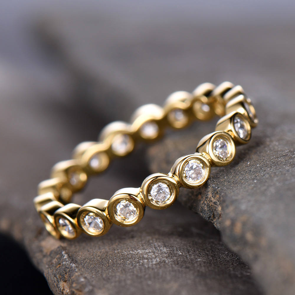 CZ Diamond Eternity Band Bezel Set Ring Bubble Stacking Ring Wedding Band Sterling Silver Matching Band Yellow Gold Plated Anniversary Ring