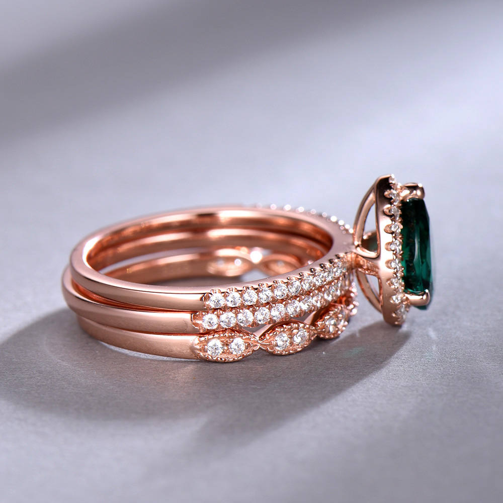 Emerald Wedding Ring Set 6x8mm Pear Cut Emerald Engagement Ring Half Eternity Art Deco Wedding Band Silver Bridal Set Rose Gold Plated
