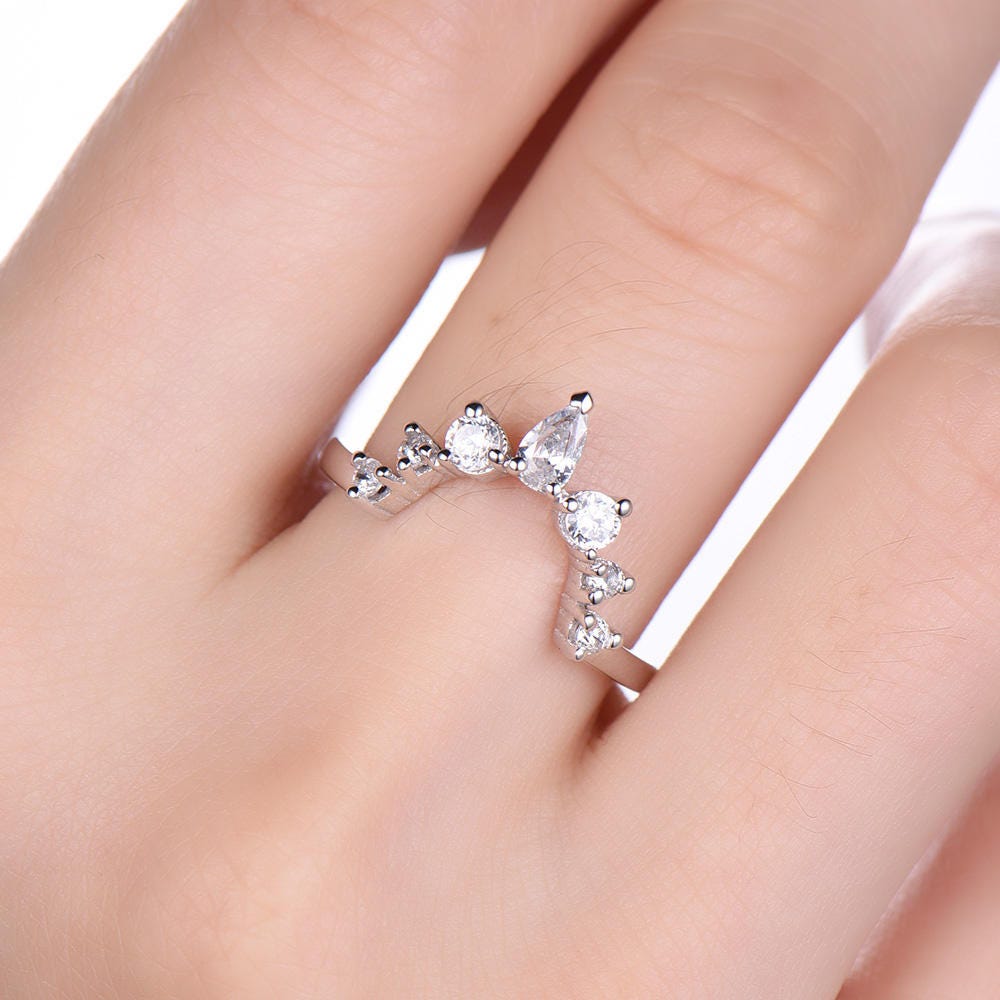 Crown Wedding Band Curve Wedding Band with Man Made Diamonds Stackable Anniversary Ring CZ Chevron Ring Sterling Silver White Gold Plated