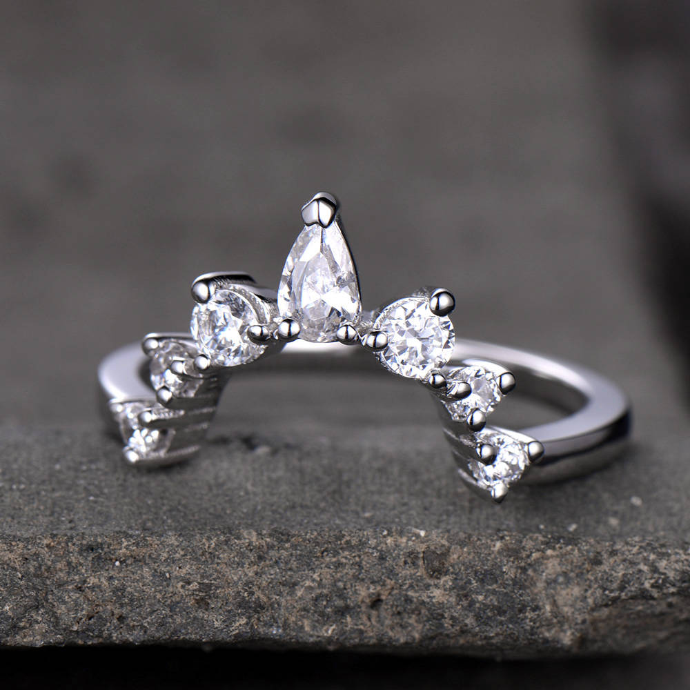 Crown Wedding Band Curve Wedding Band with Man Made Diamonds Stackable Anniversary Ring CZ Chevron Ring Sterling Silver White Gold Plated