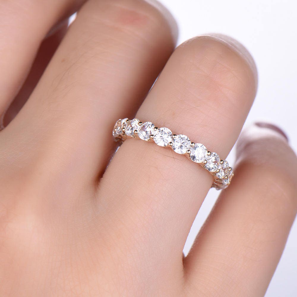 CZ Diamond Wedding Band Full Eternity Matching Band Stackable Anniversary Ring 3mm Round Cut Gemstone Sterling Silver Yellow Gold Plated