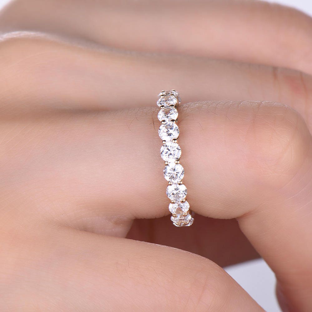 CZ Diamond Wedding Band Full Eternity Matching Band Stackable Anniversary Ring 3mm Round Cut Gemstone Sterling Silver Yellow Gold Plated