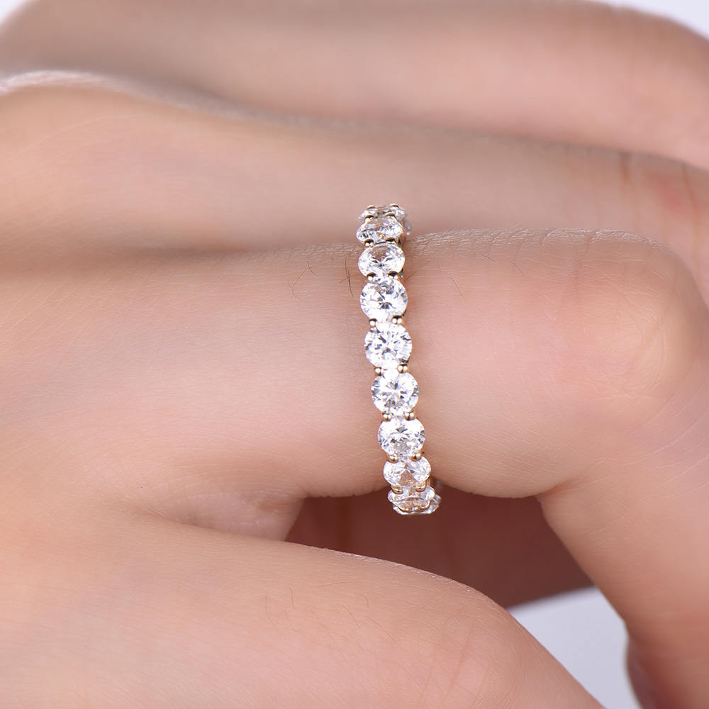 CZ Diamond Wedding Band Full Eternity Matching Band Stackable Anniversary Ring 3mm Round Cut Gemstone Sterling Silver Yellow Gold Plated