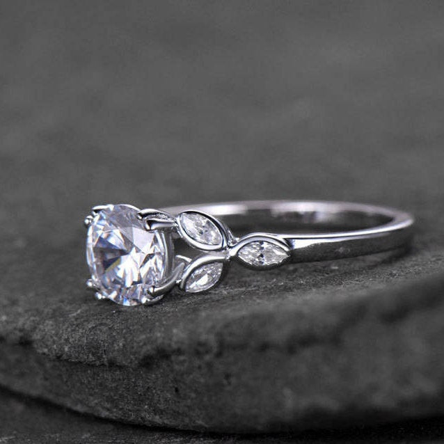 Sterling silver ring/Round cut Cubic Zirconia engagement ring/CZ wedding ring/Three flower marquise/promise ring/Xmas gift/white gold plated