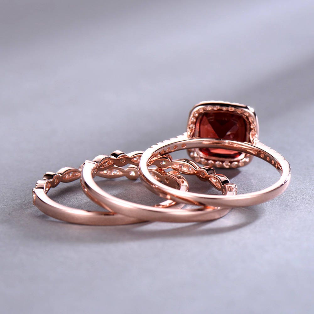 Garnet Ring Set 8mm Cushion Cut Garnet Engagement Ring Rose Gold Plated Art Deco Wedding Band Matching Band Sterling Silver Wedding Ring Set
