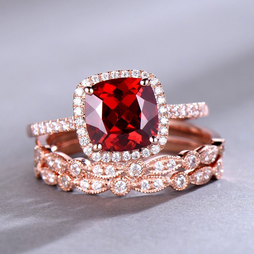 Garnet Ring Set 8mm Cushion Cut Garnet Engagement Ring Rose Gold Plated Art Deco Wedding Band Matching Band Sterling Silver Wedding Ring Set