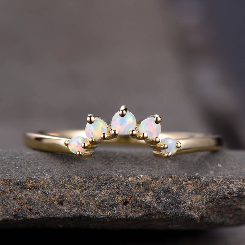 Opal Crown Wedding Band Curve Wedding Ring Stackable Matching Band Chevron Ring Yellow Gold Plated Sterling Silver Anniversary Ring