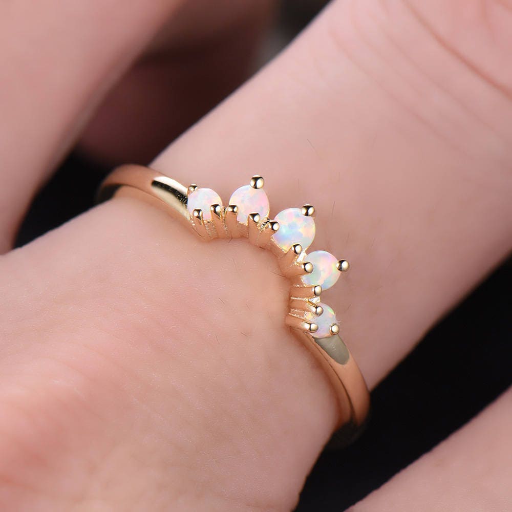 Opal Crown Wedding Band Curve Wedding Ring Stackable Matching Band Chevron Ring Yellow Gold Plated Sterling Silver Anniversary Ring
