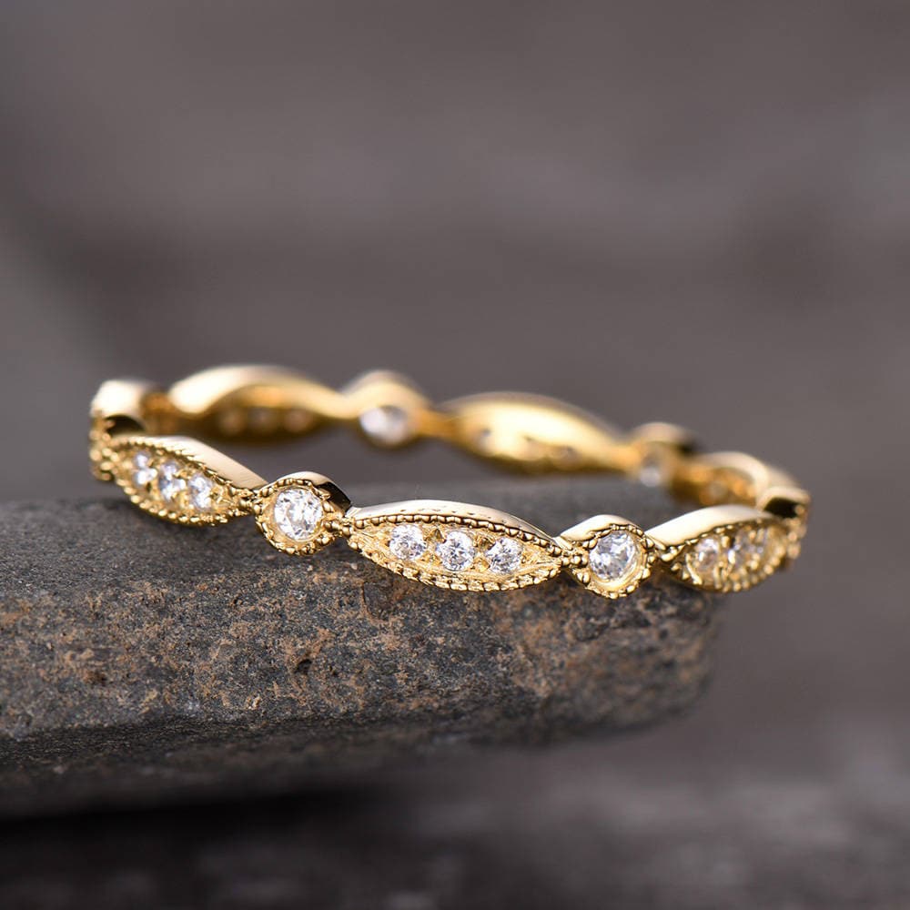Vintage Wedding Band Art Deco Wedding Band Milgrain Marquise Matching Band Sterling Silver Anniversary Ring Yellow Gold Plated
