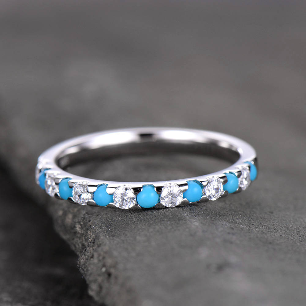 Turquoise Ring Half Eternity Wedding Band CZ Diamond Eternity Band Sterling Silver Anniversary Ring White Gold Plated Matching Band