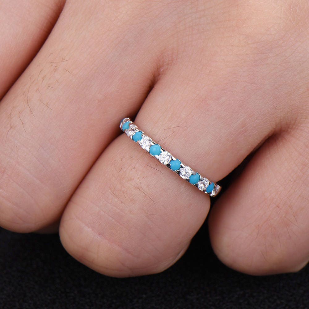 Turquoise Ring Half Eternity Wedding Band CZ Diamond Eternity Band Sterling Silver Anniversary Ring White Gold Plated Matching Band